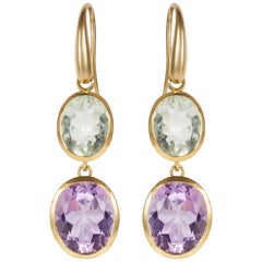 Yellow Gold Purple and Green Amethyst Double Drop Earrings 