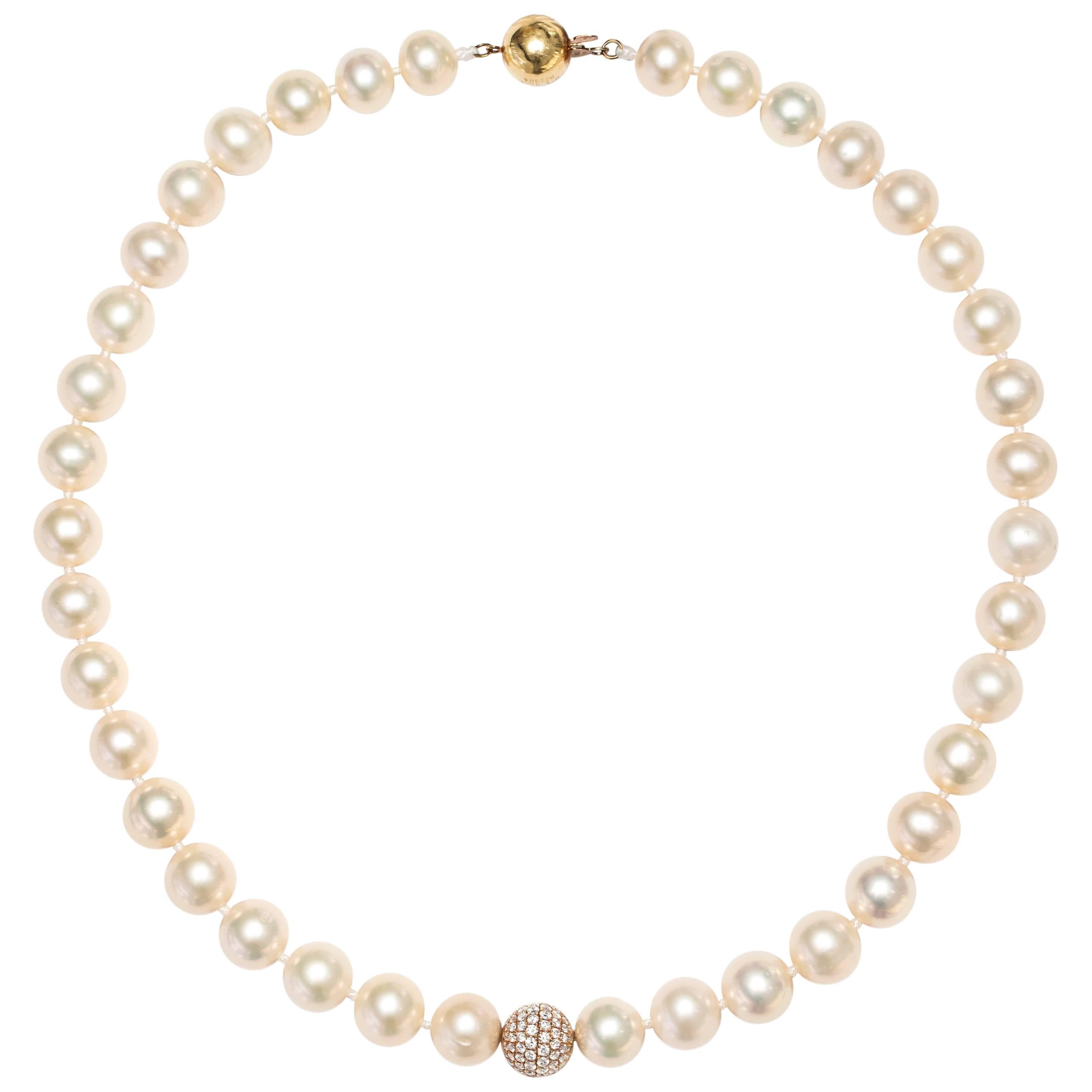 1.80 CT Pave Set Diamond 18KT Rose Gold White Fresh Water Modern Pearl Necklace  For Sale