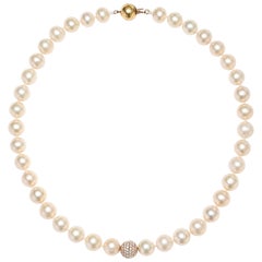 1.80 CT Pave Set Diamond 18KT Rose Gold White Fresh Water Modern Pearl Necklace 