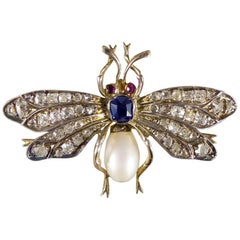 Victorian Multi Gem Set Silver Gold Bug Brooch