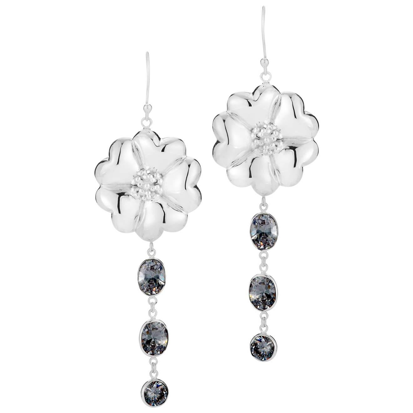 Black Sapphire Blossom Mixed Stone Drop Earrings For Sale