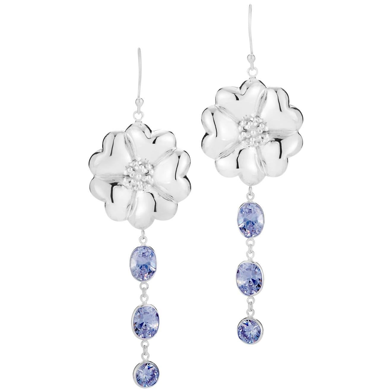 Dark Blue Topaz Blossom Mixed Stone Drop Earrings For Sale