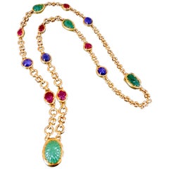 Certified 1970 David Webb Precious Jewel Carved Emerald Gold Chain