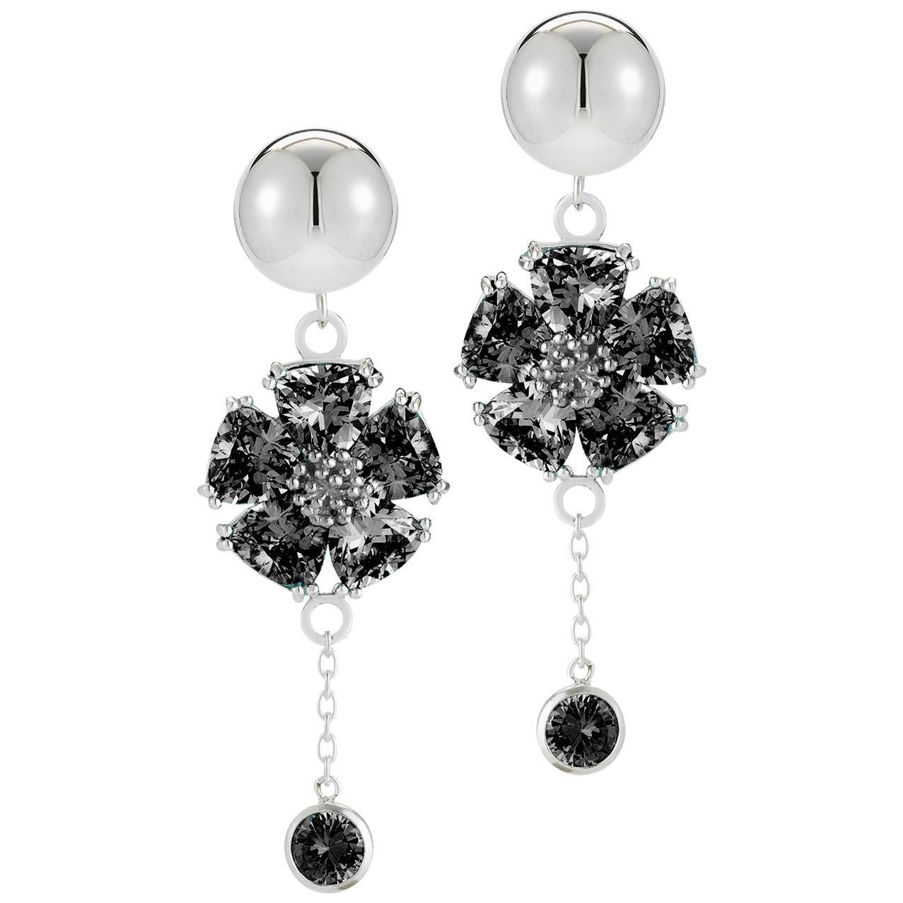 Black Sapphire Blossom Stone Bezel Drop Earrings For Sale