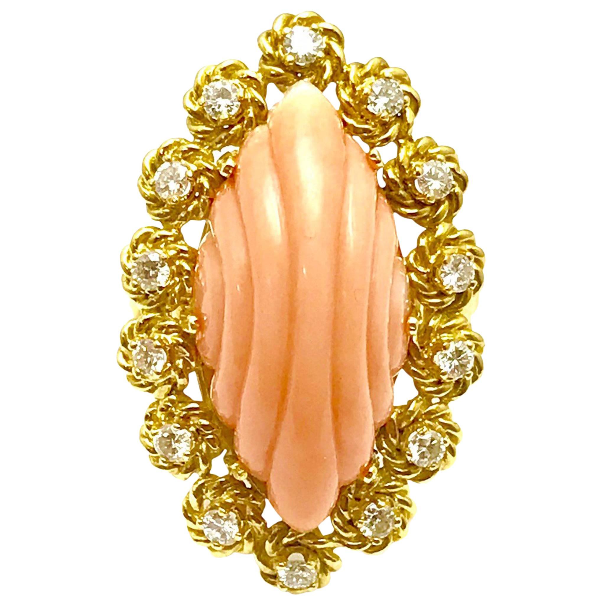 Carved Angel Skin Coral and Diamond Gold Cocktail Ring