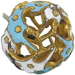 Victorian, Hat Pin, Gold Vermeil, White and Turquoise Colored Enamel, circa 1870