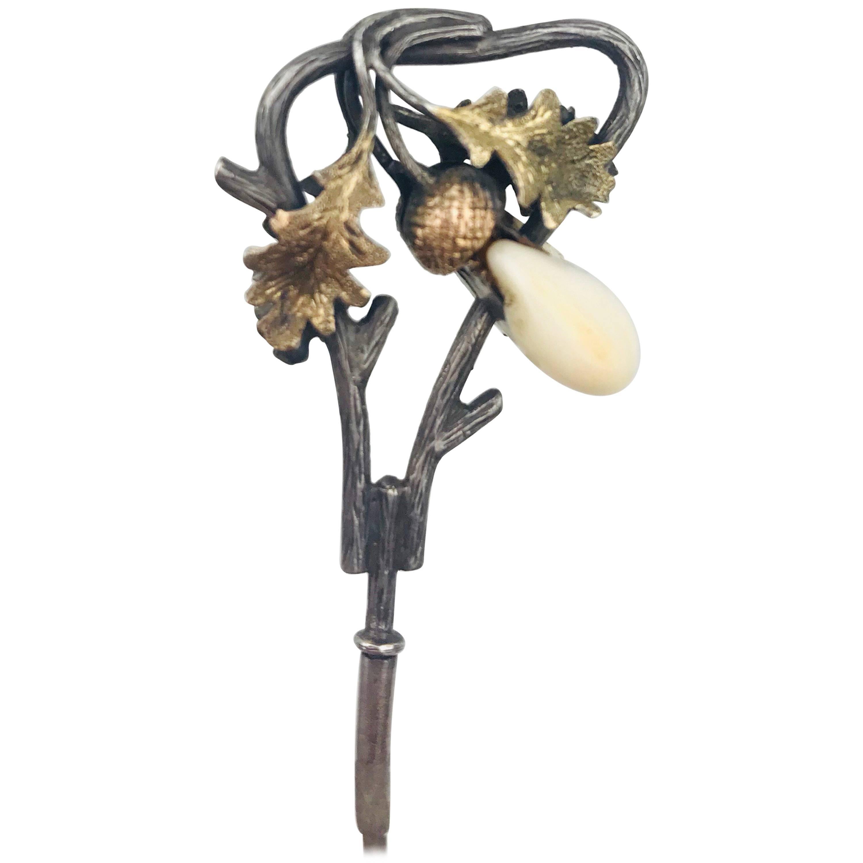 Belle Epoque Hat Pin, Sterling Leaf Vines, Ivory Mammoth Bone, Tri-Color Gilt For Sale