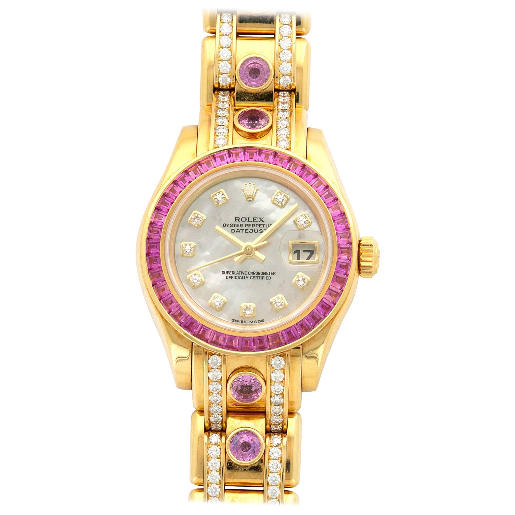 Rolex Yellow Gold Diamond Sapphire Datejust Pearlmaster Automatic Wristwatch