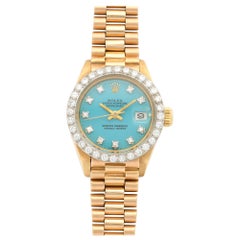 Vintage Rolex Yellow Gold Diamond Datejust Blue Stella Dial Wristwatch Ref 6913