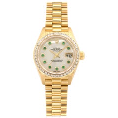 Rolex Ladies Yellow Gold Diamond Emerald Datejust Wristwatch