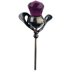 Antique Victorian Hat Pin, Stylized Purple Thistle, Charles Horner, Sterling, circa 1837