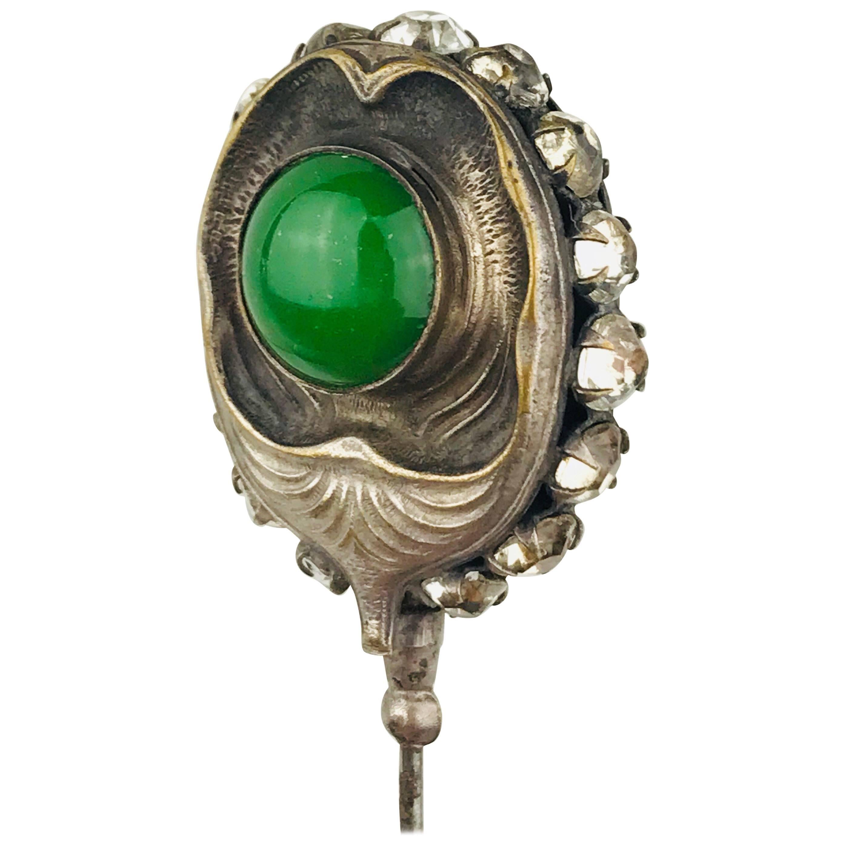 Victorian Hat Pin, circa 1840, Sterling Silver Green Cabochons and Rhinestones For Sale
