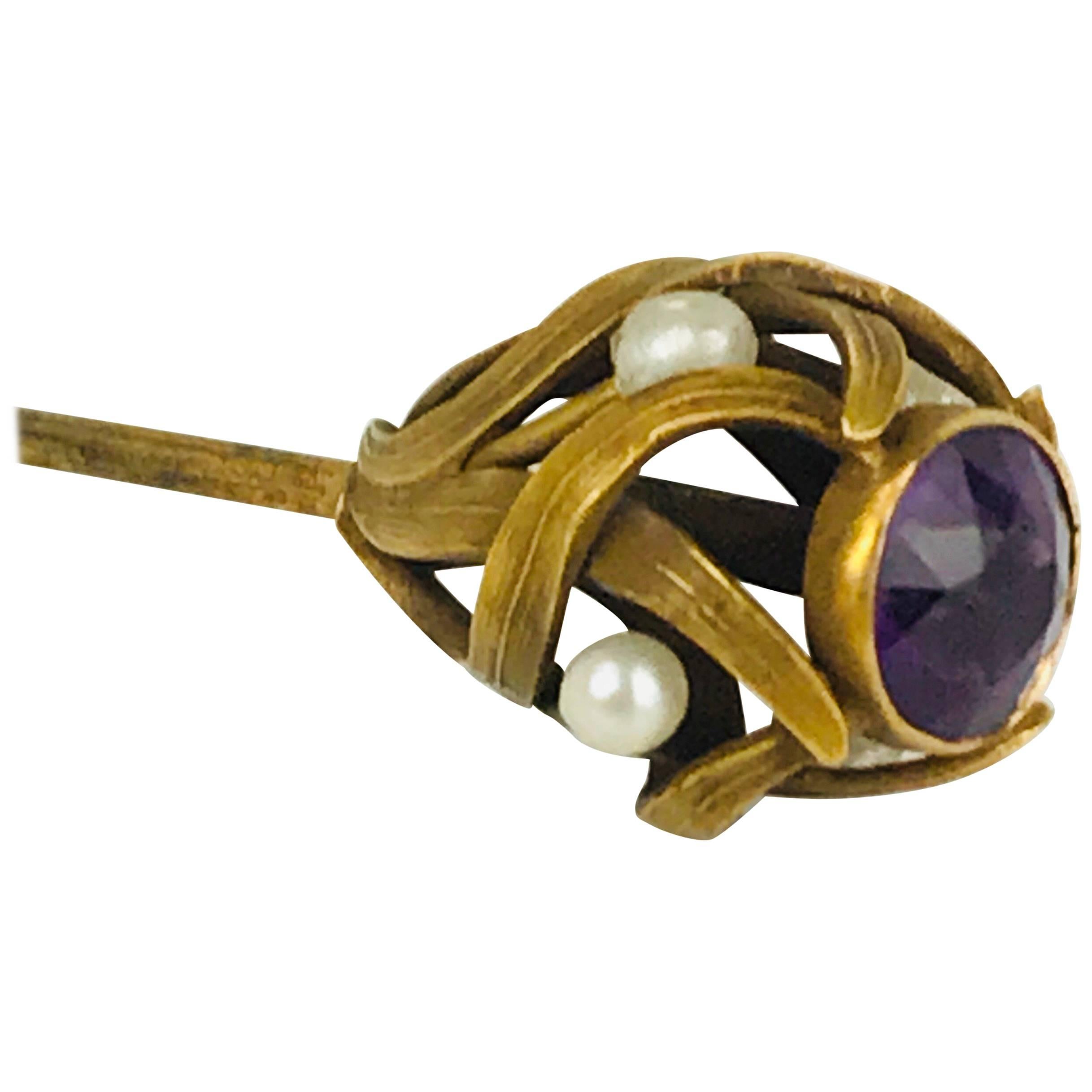 Victorian, 14 Karat, Old Mine-Cut Amethyst and Seed Pearl Hat Pin, circa 1840 For Sale