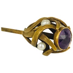 Antique Victorian, 14 Karat, Old Mine-Cut Amethyst and Seed Pearl Hat Pin, circa 1840