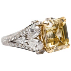 GIA 9.40 Carat Yellow Emerald Pear Round Diamond Platinum Emerald Fancy Ring