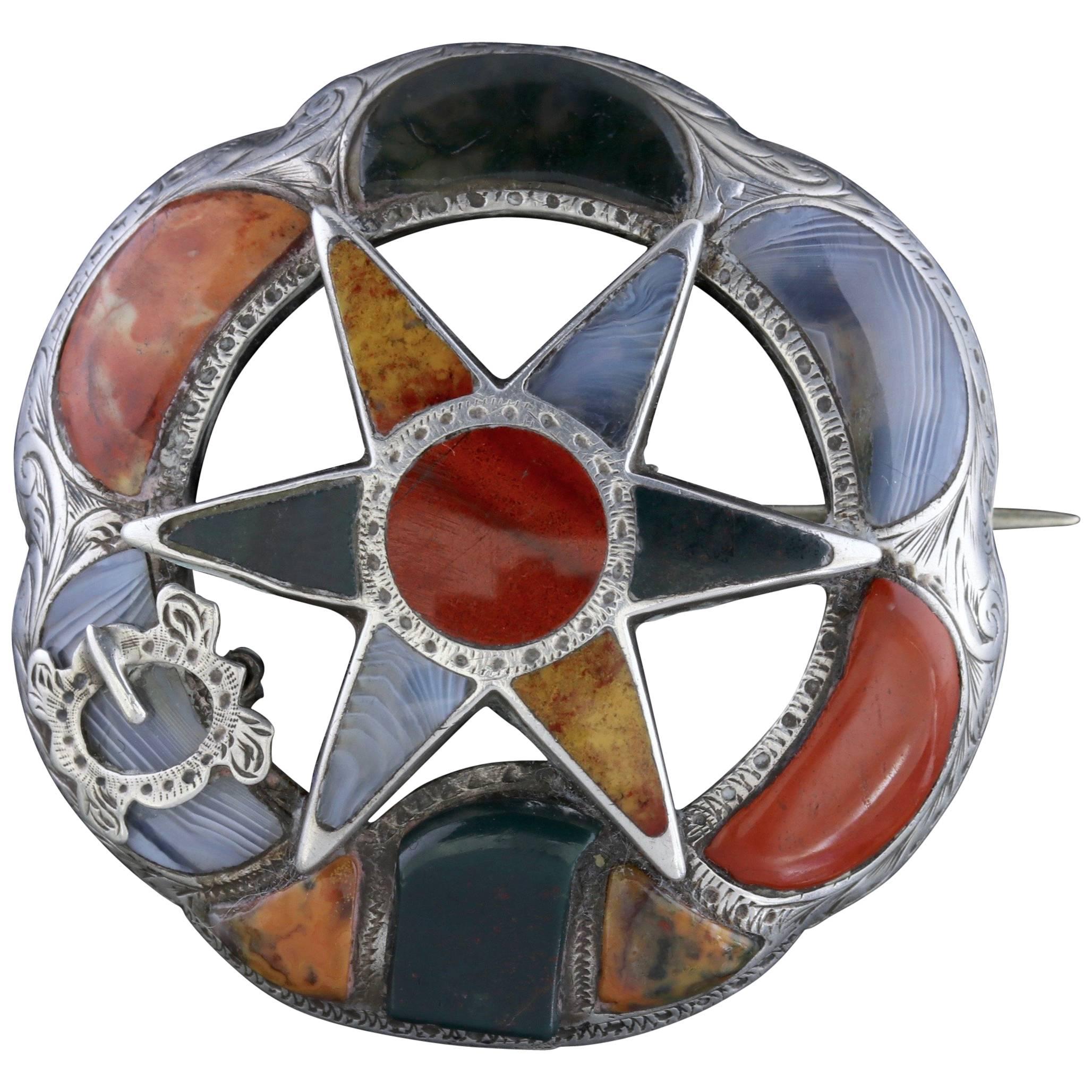 Antique Victorian Scottish Brooch Silver Agate Star, circa 1860