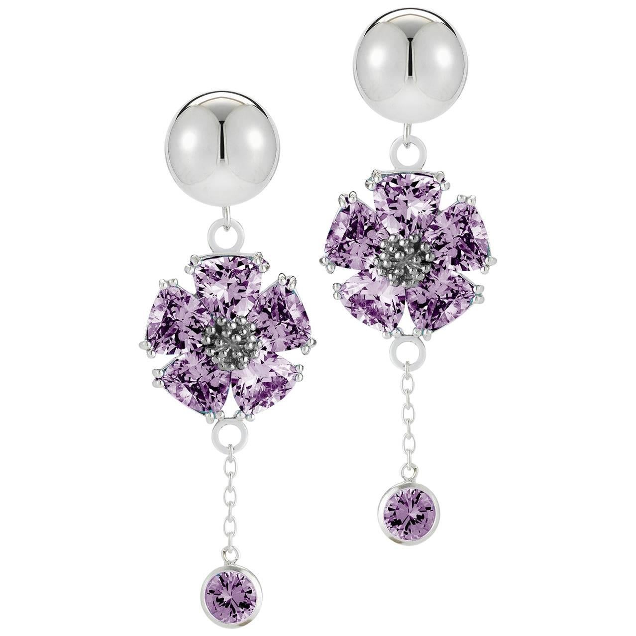 Amethyst Blossom Stone Bezel Drop Earrings For Sale