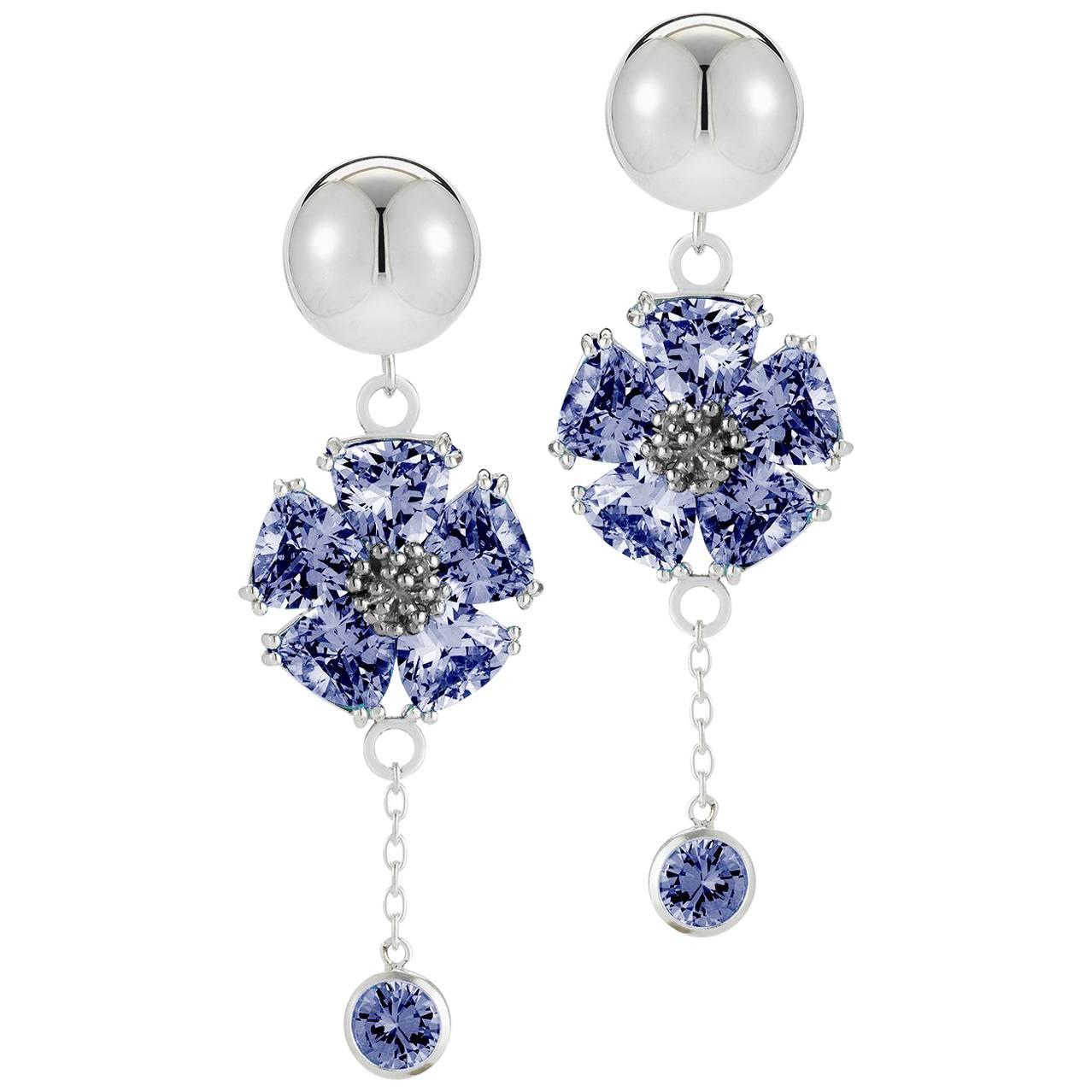 Dark Blue Sapphire Blossom Stone Bezel Drop Earrings For Sale