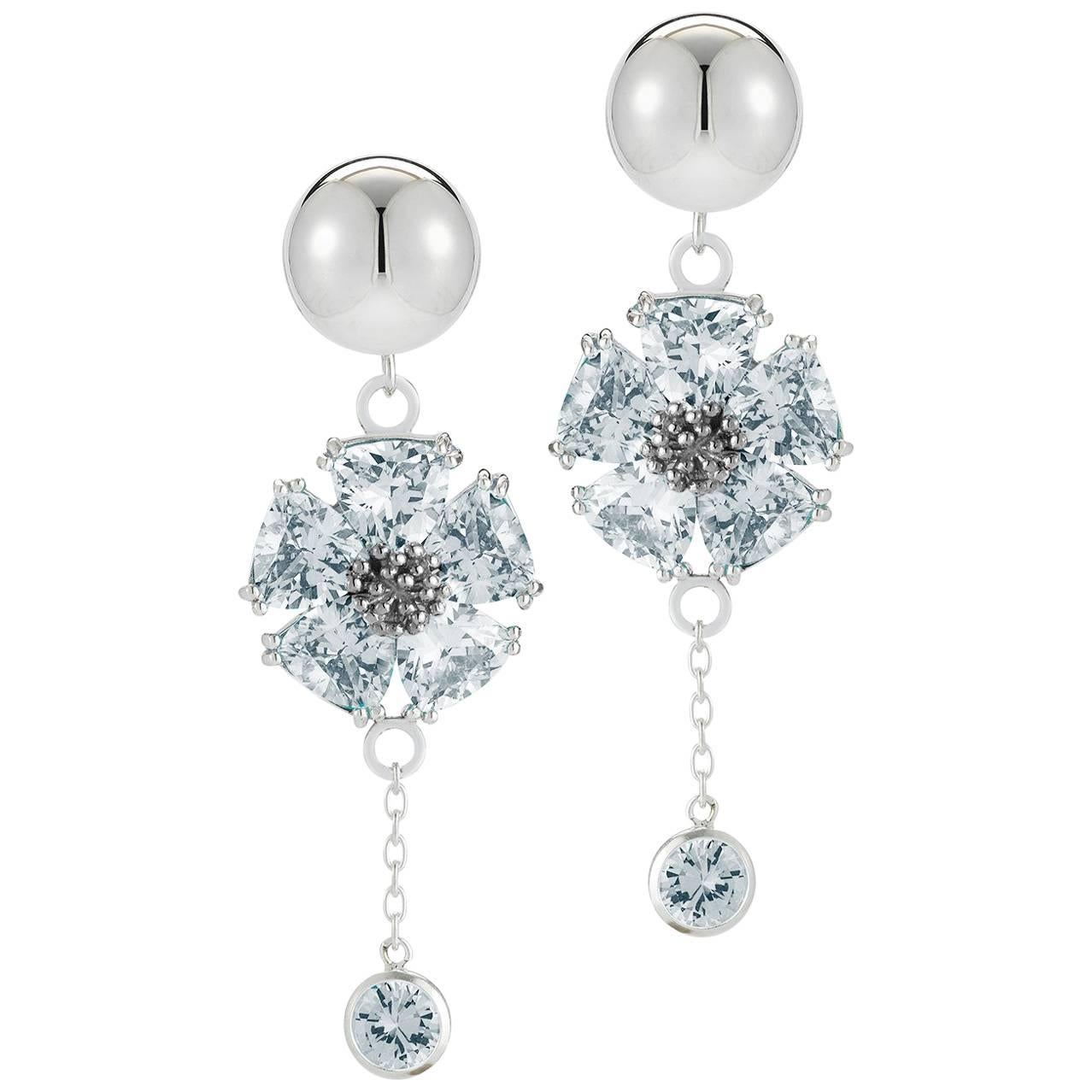 Light Blue Sapphire Blossom Stone Bezel Drop Earrings For Sale