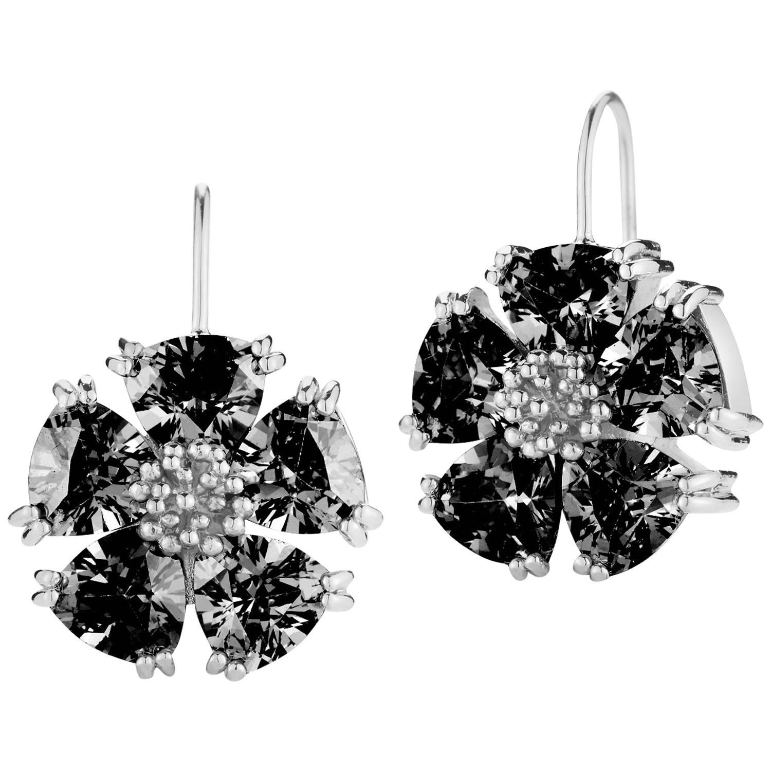 Black Sapphire Blossom Stone Wire Drop Earrings For Sale