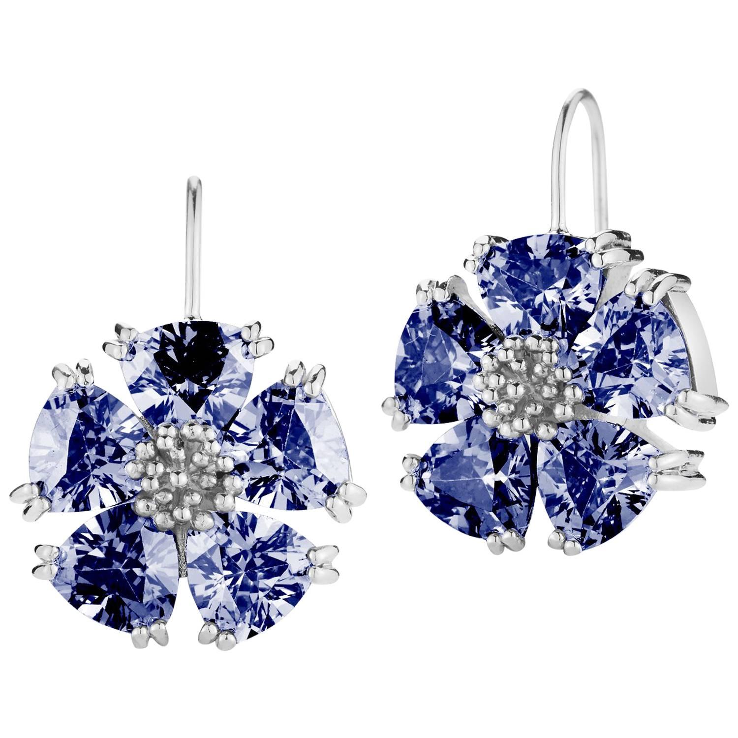 Dark Blue Topaz Blossom Stone Wire Drop Earrings For Sale