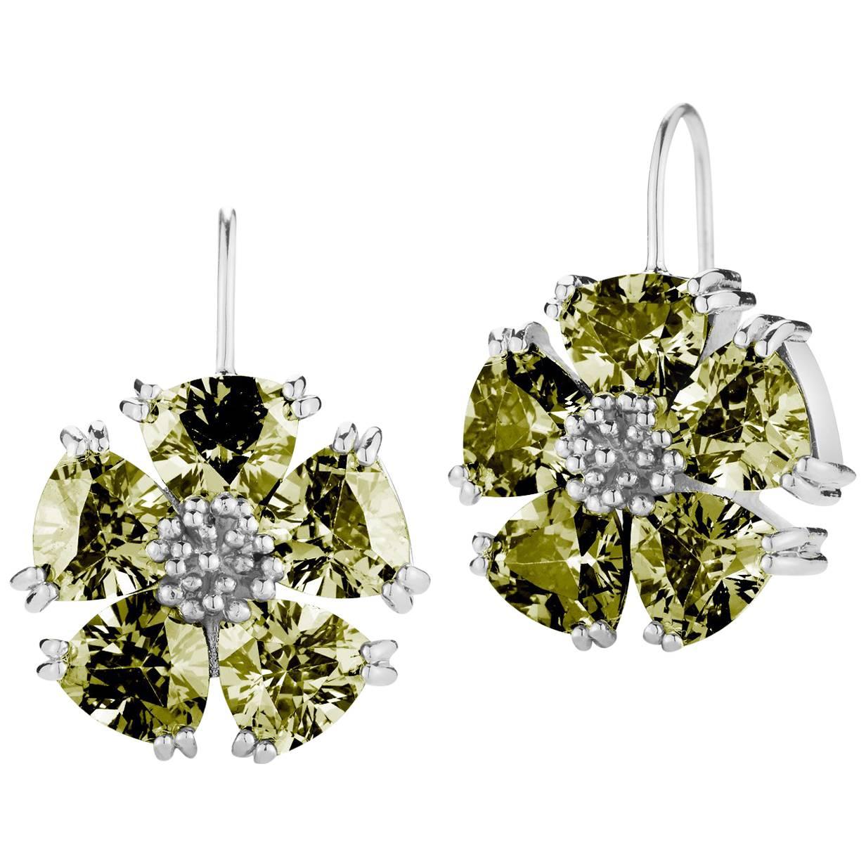 Olive Peridot Blossom Stone Wire Drop Earrings For Sale