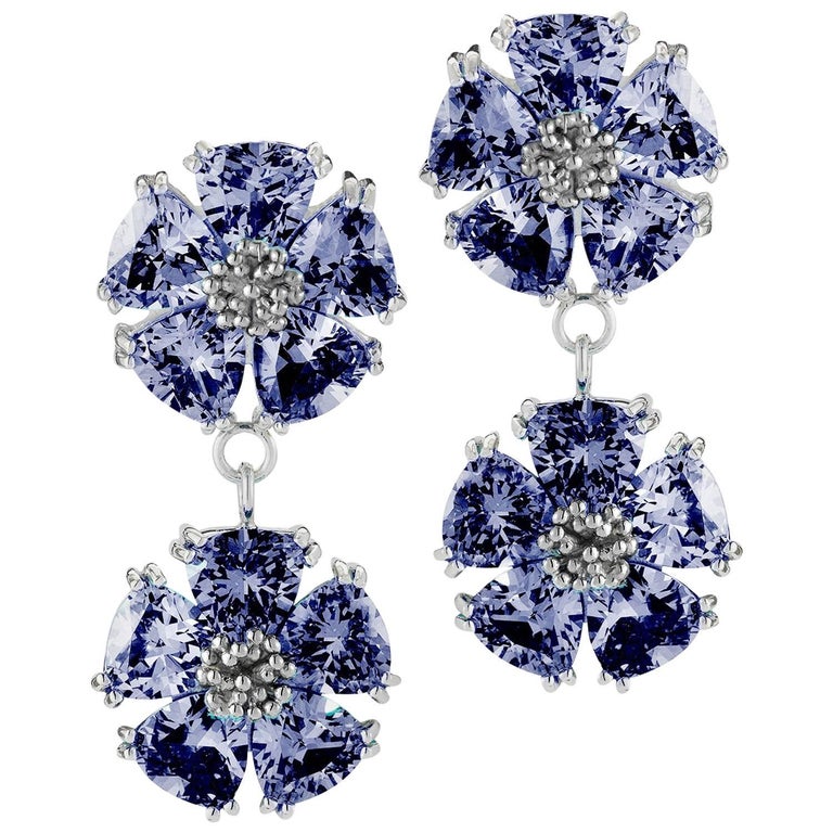 Dark Blue Sapphire Double Blossom Stone Earrings For Sale at 1stdibs