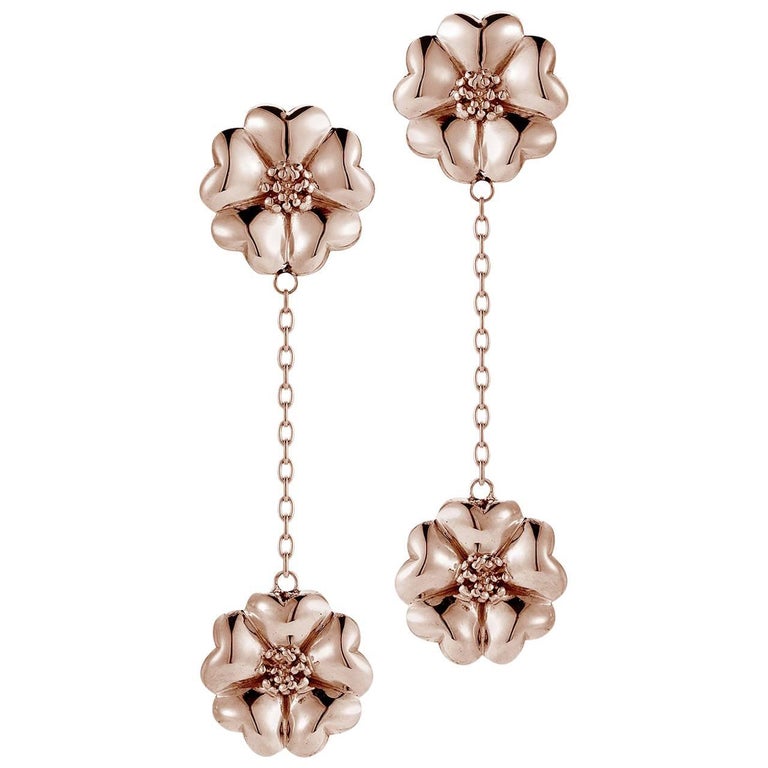 14k Rose Gold Vermeil Double Blossom Chain Drop Earrings For Sale at