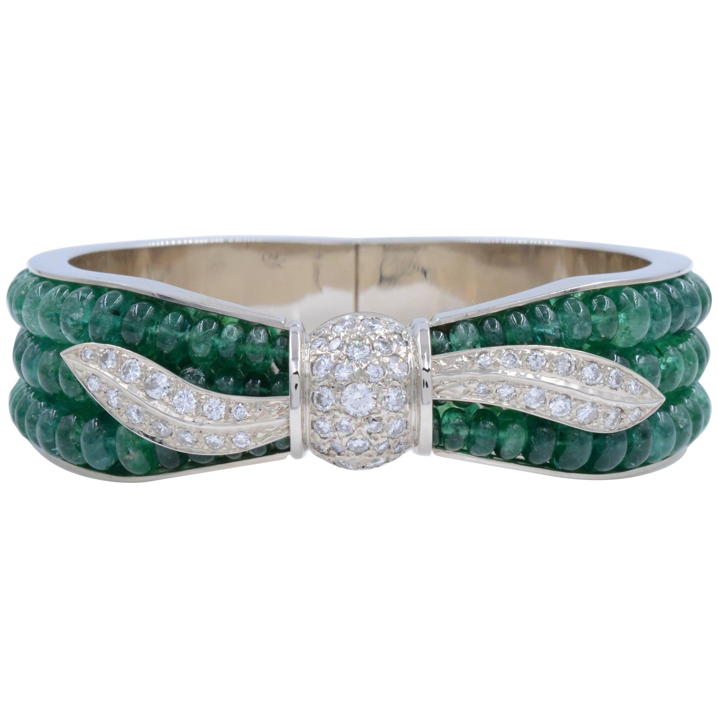 Vintage Green Emerald and White Diamonds Ladies White Gold Bangle Bracelet