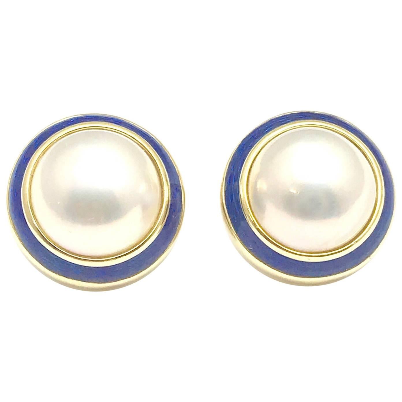 Tiffany & Co. Mabe Pearl and Blue Enamel Gold Clip Earrings