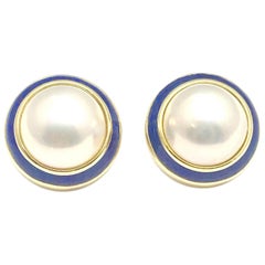 Tiffany & Co. Mabe Pearl and Blue Enamel Gold Clip Earrings