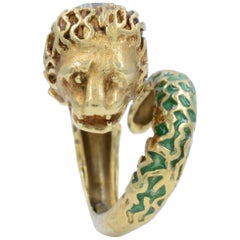 Vintage Lion Diamond Enamel Ring in Yellow Gold and Green Enamel