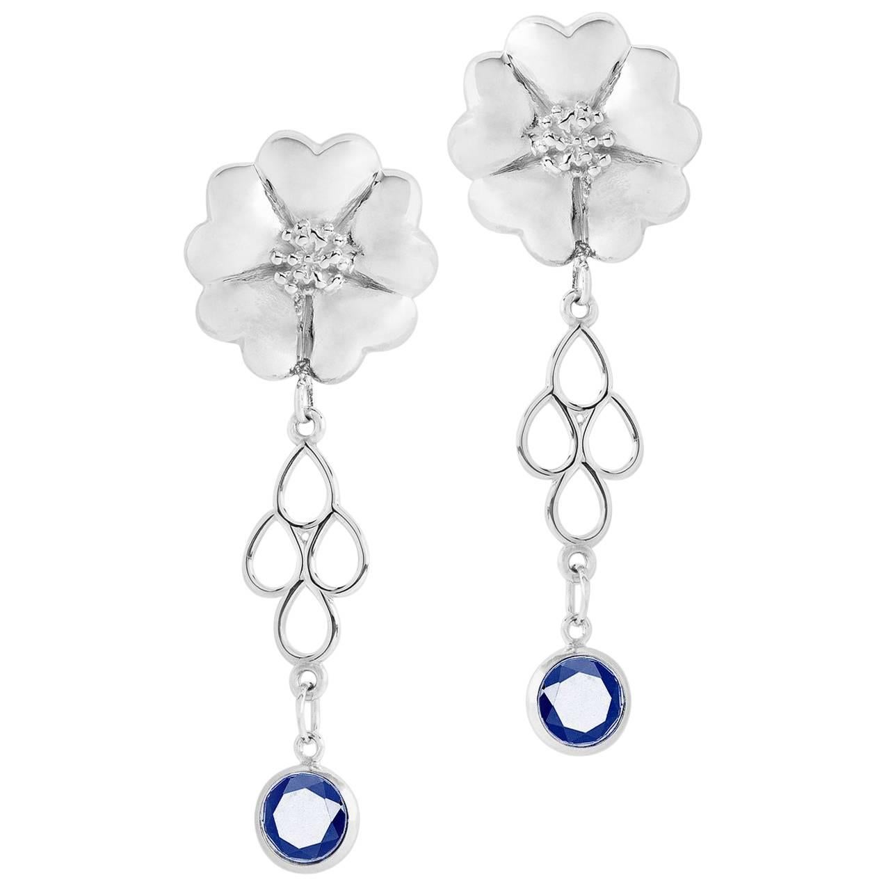 Dark Blue Topaz Blossom Stone Chandelier Earrings For Sale