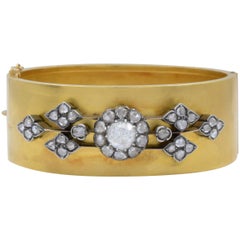 Rose Cut Diamond Yellow Gold Wide Antique Rare Bangle Cuff and Silver Bracelet