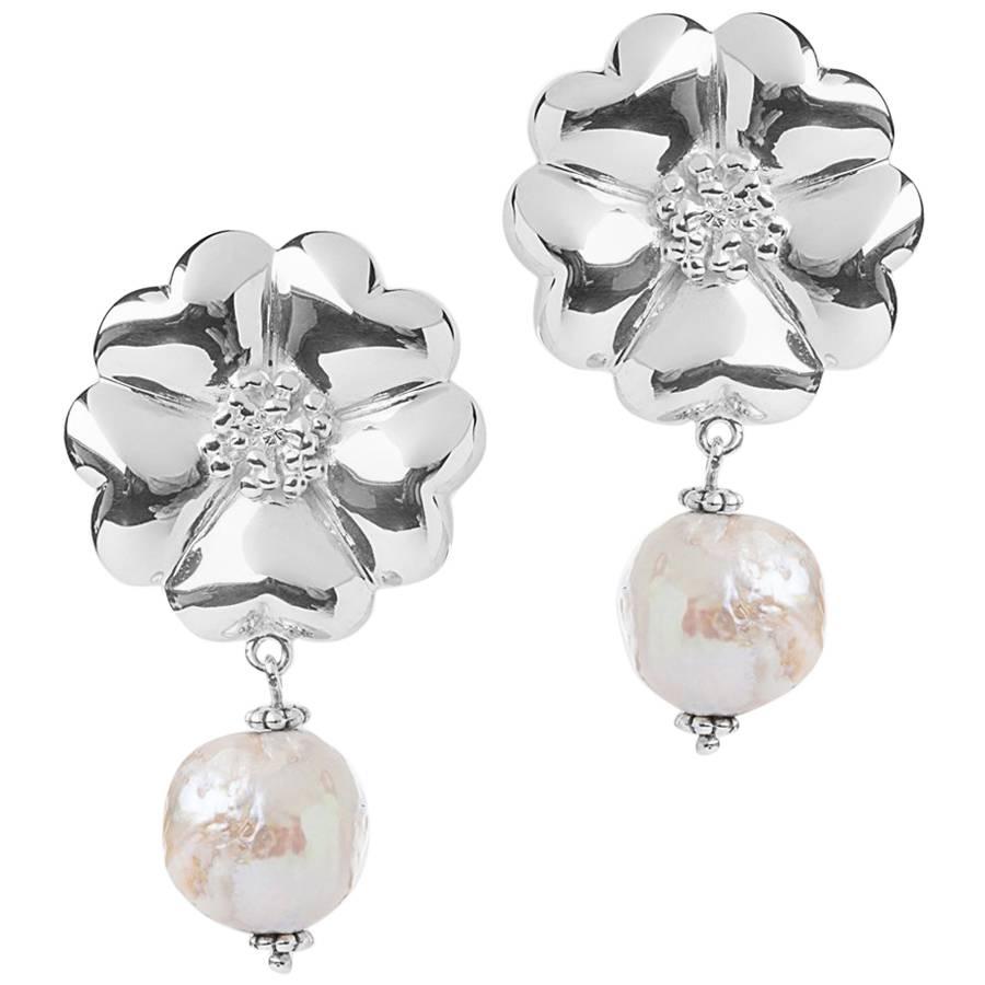 .925 Sterling Silver 2 x 10 mm Large Blossom Natural Pearl Earrings For Sale