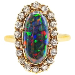 Harlequin Black Opal Victorian Diamond Gold Ring, circa 1880