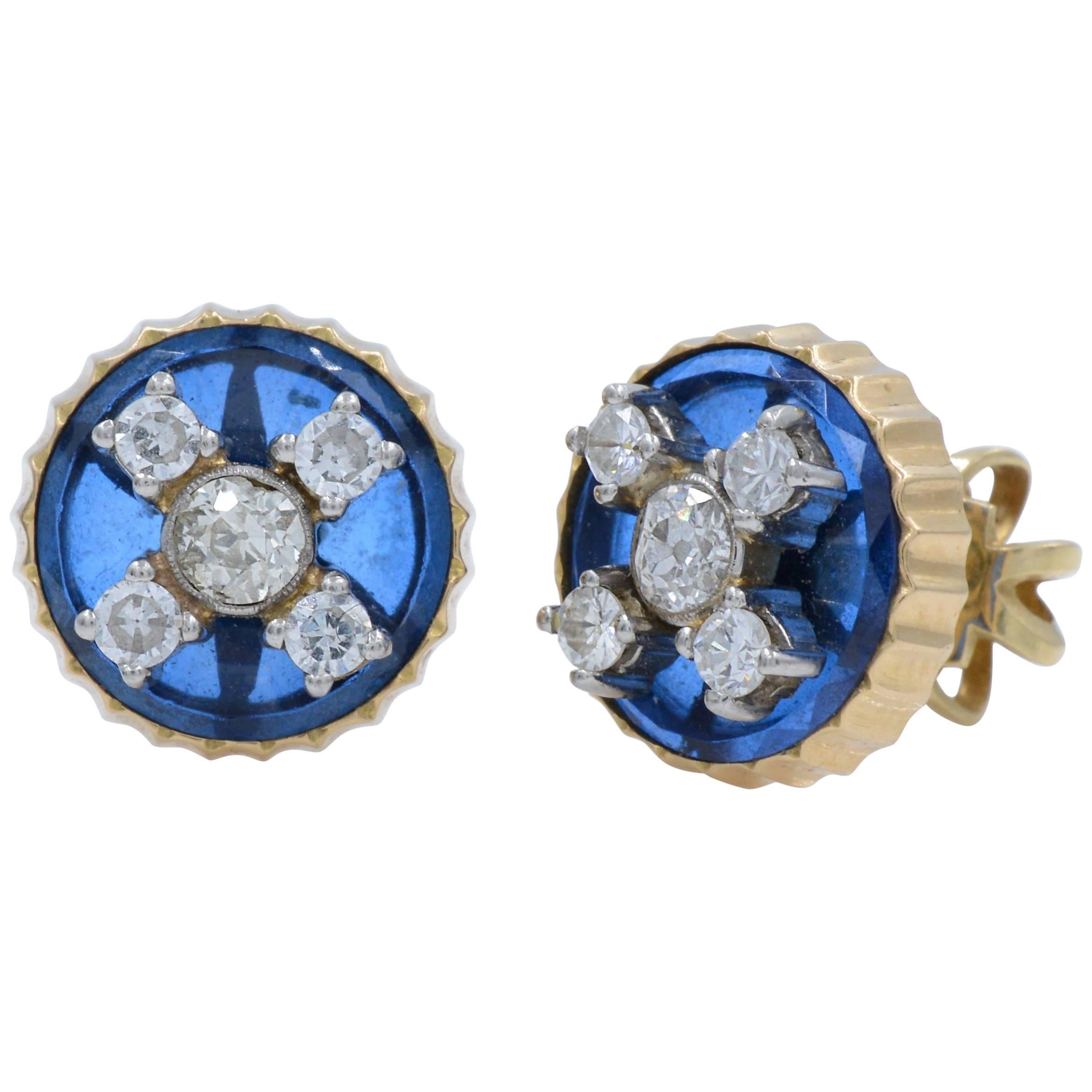Old Miner Vintage Cut Diamond Stud Blue Yellow Gold Earrings