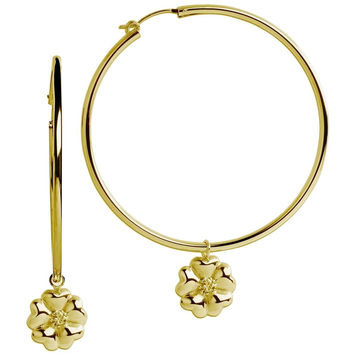 24k Yellow Gold Vermeil Blossom Dangle Hoops For Sale