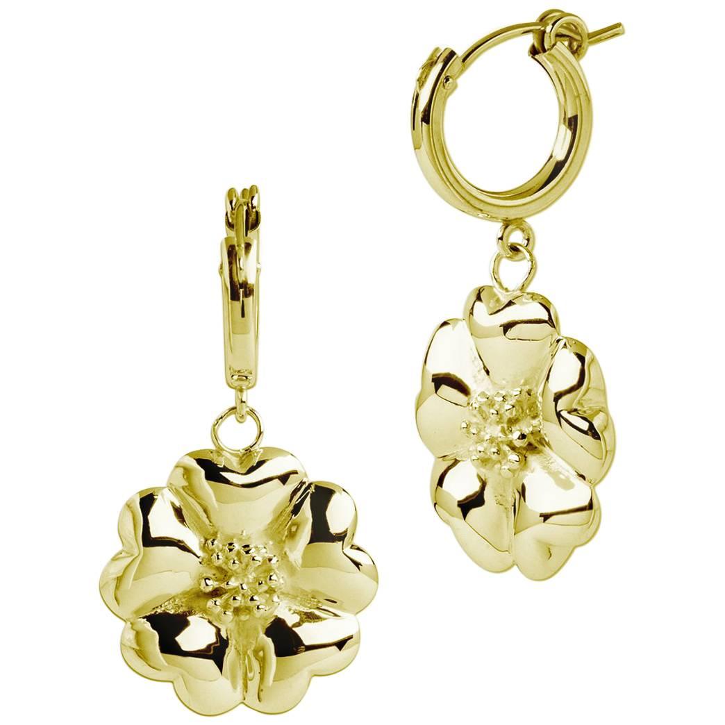 24 Karat Yellow Gold Vermeil Blossom Small Hoop Dangle Earrings For Sale