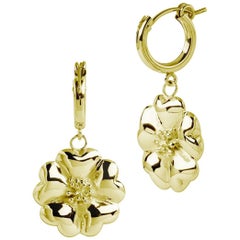 24 Karat Yellow Gold Vermeil Blossom Small Hoop Dangle Earrings
