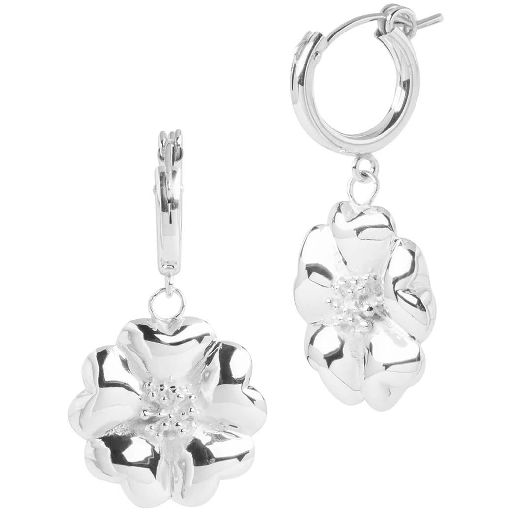 .925 Sterling Silver Blossom Small Hoop Dangle Earrings  For Sale