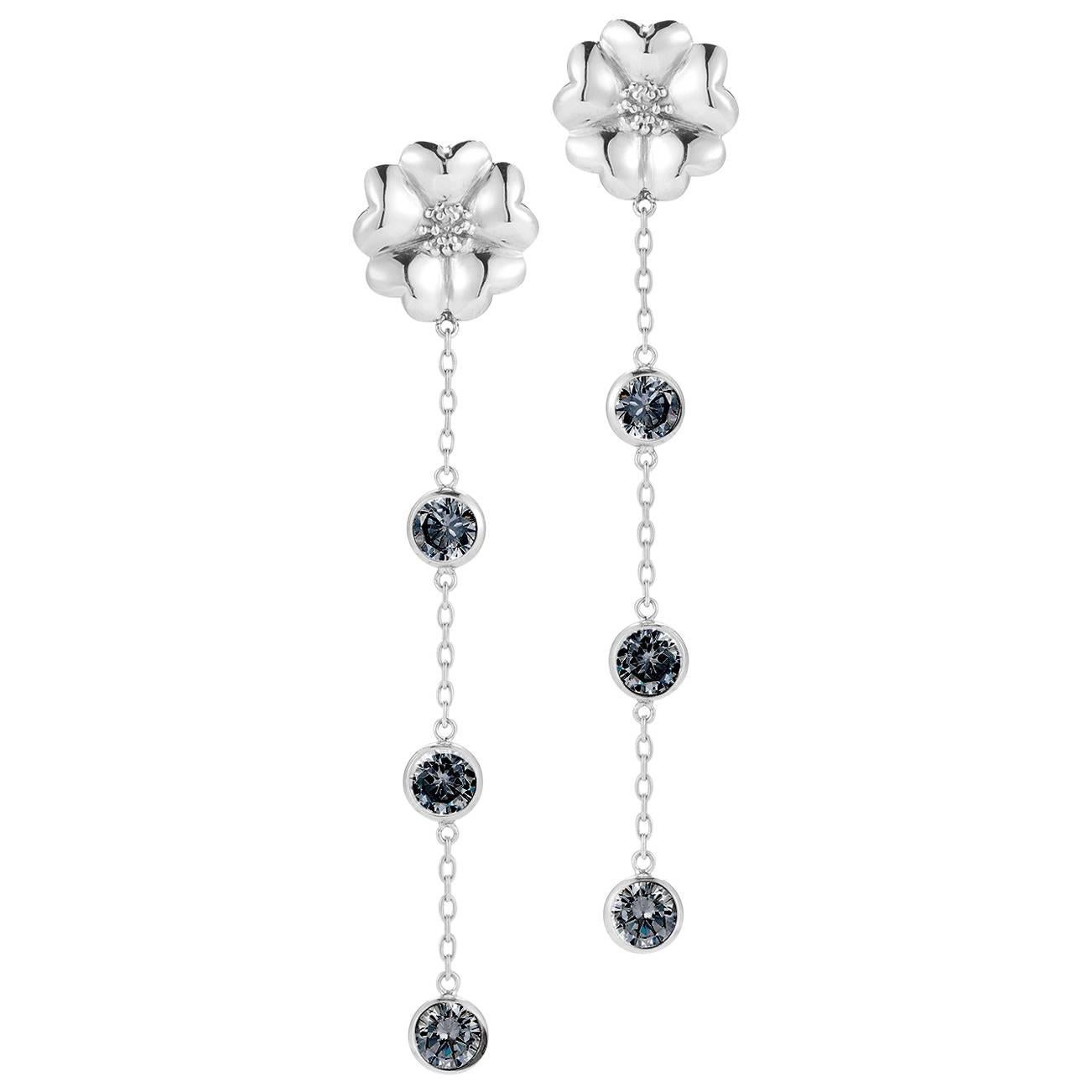 Black Sapphire Triple Stone Drop Blossom Earrings For Sale