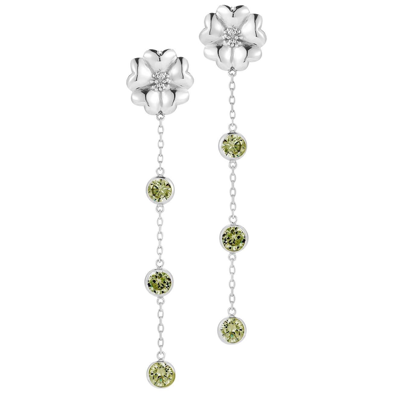 Olive Peridot Triple Stone Drop Blossom Earrings For Sale