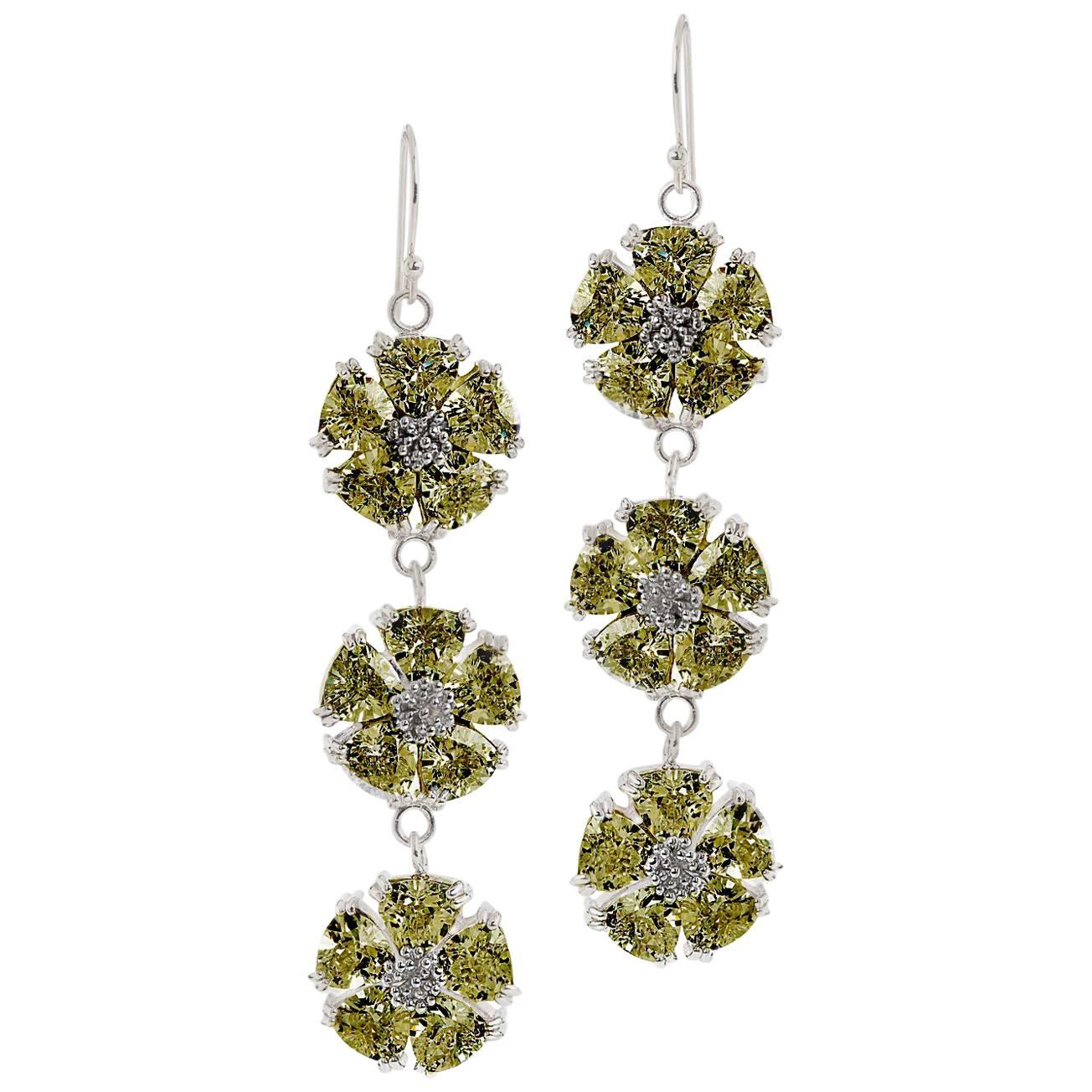 Olive Peridot Triple Blossom Stone Bling Earrings For Sale