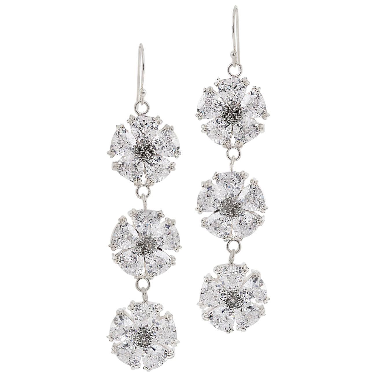 White Sapphire Triple Blossom Stone Bling Earrings For Sale