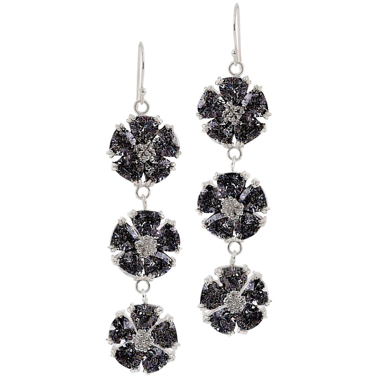 Black Sapphire Triple Blossom Stone Bling Earrings For Sale