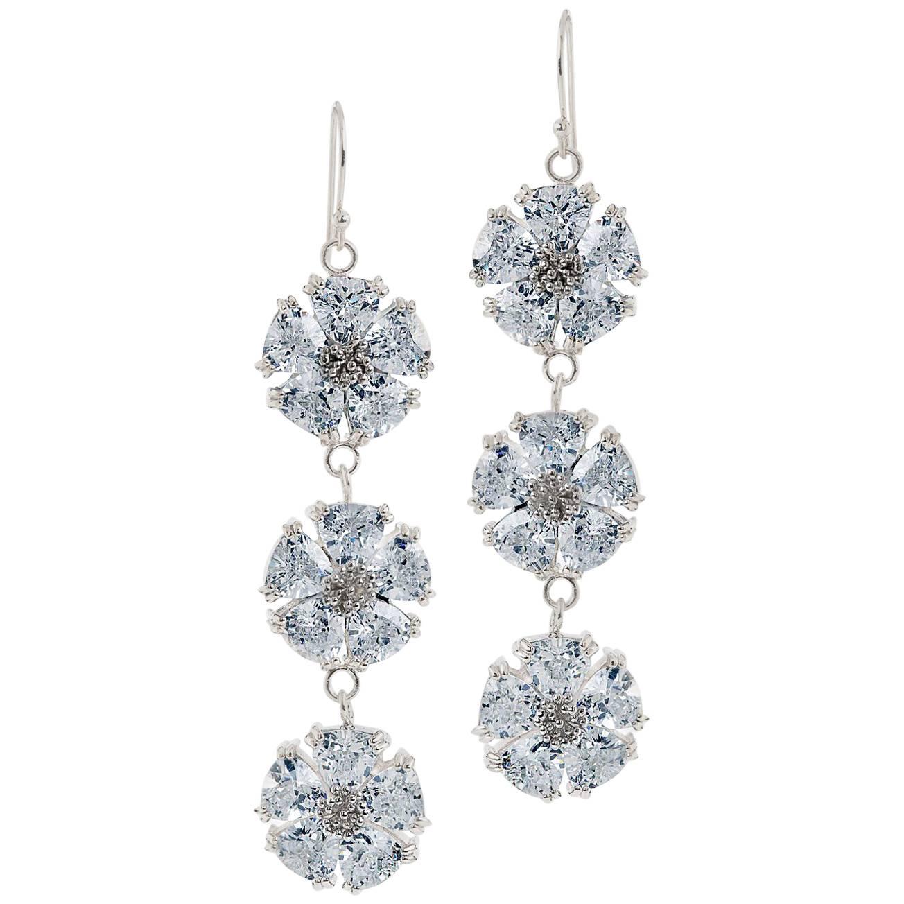 Light Blue Sapphire Triple Blossom Stone Bling Earrings For Sale