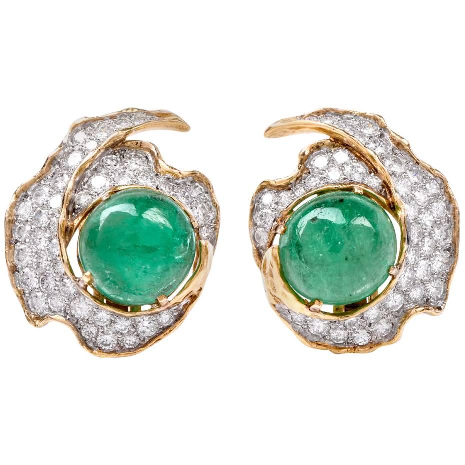 1960s Emerald Cabochon Diamond 18 Karat Gold Clip-On Earrings