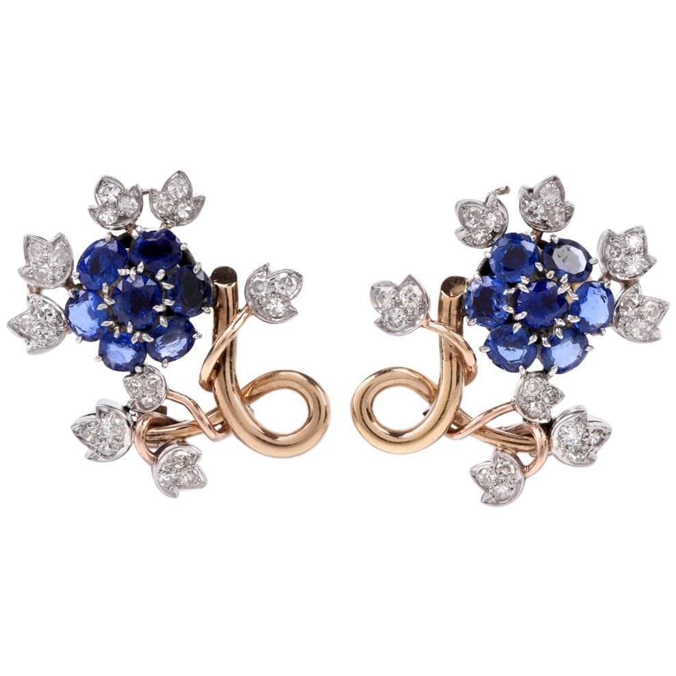 1950s Sapphire Diamond 18 Karat Gold Floral Motif Clip-On Earrings