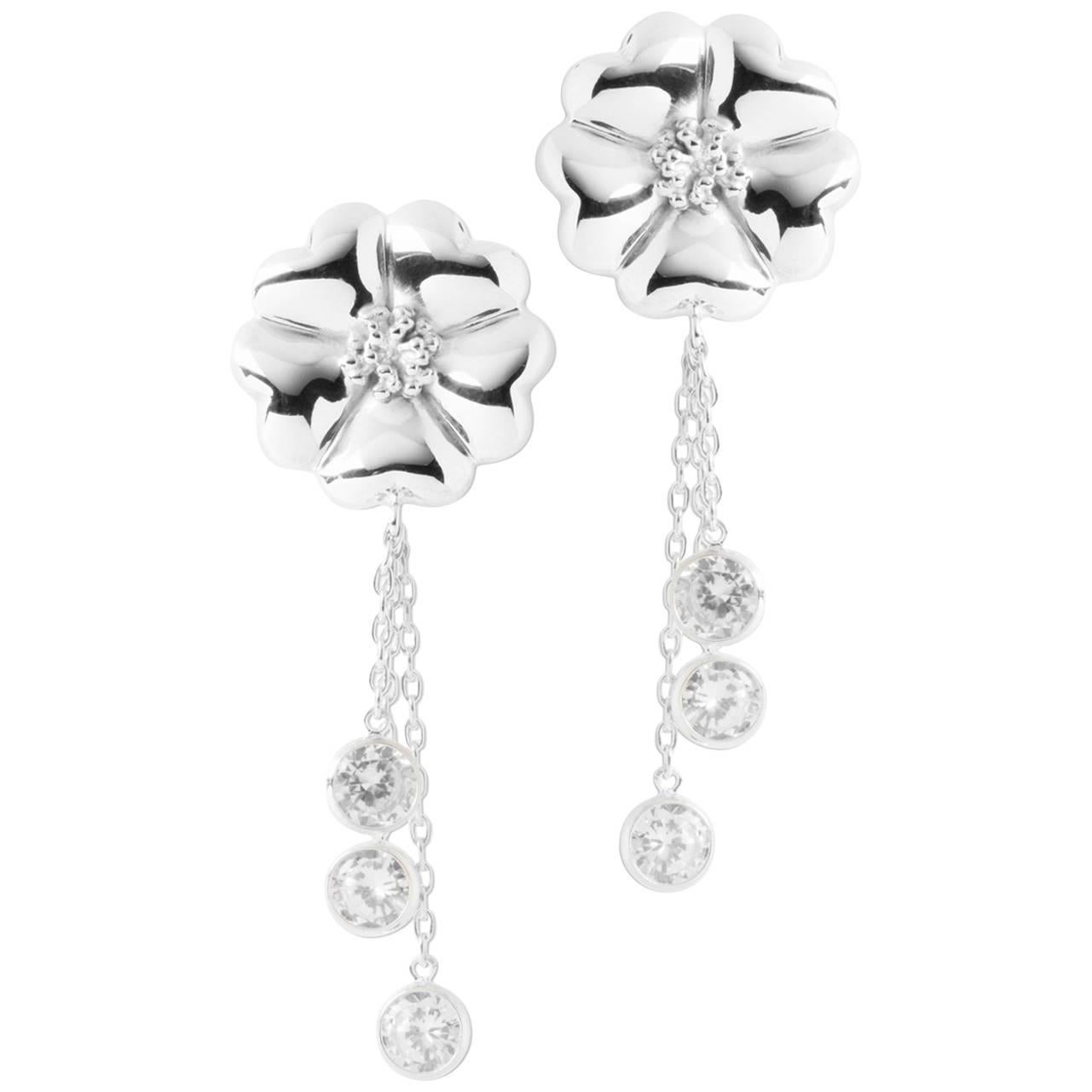 White Topaz Blossom Graduated Stone Drop Earrings For Sale